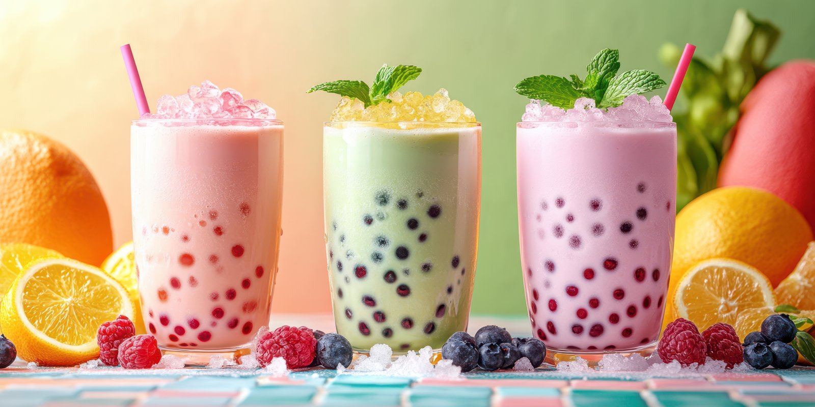 Colorful bubble tea drinks served in clear glasses with fresh fruit displayed on a vibrant table